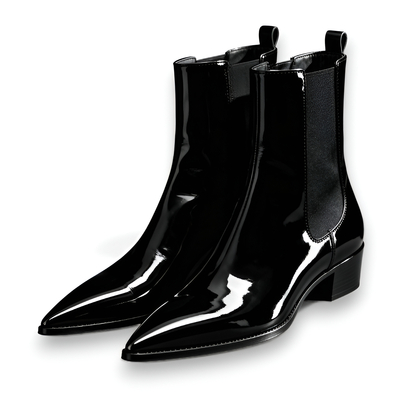 Crafted leather mens classic black patent leather pointed toe chelsea boot