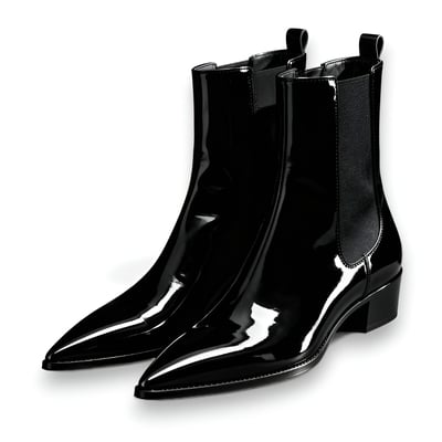 Crafted Leather Mens Classic Black Patent Leather Pointed Toe Chelsea Boot