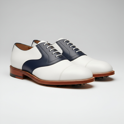 Crafted leather mens white blue leather saddle golf dress shoes