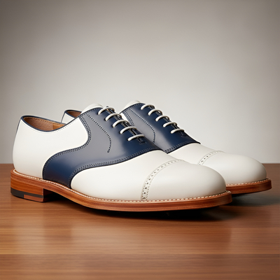 Crafted leather mens white blue leather saddle golf dress shoes