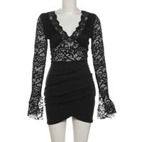 High-waisted, solid-colored, fashionable V-neck long-sleeved bodycon dress. - Thumbnail 3