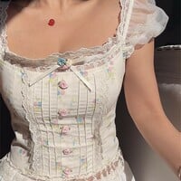 Sexy and sweet lace and mesh patchwork floral print shirt with tie-up detail. - Thumbnail 1