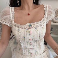 Sexy and sweet lace and mesh patchwork floral print shirt with tie-up detail. - Thumbnail 2