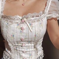 Sexy and sweet lace and mesh patchwork floral print shirt with tie-up detail. - Thumbnail 5