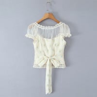 Sexy and sweet lace and mesh patchwork floral print shirt with tie-up detail. - Thumbnail 6