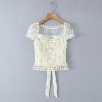 Sexy and sweet lace and mesh patchwork floral print shirt with tie-up detail. - Thumbnail 7