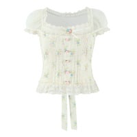 Sexy and sweet lace and mesh patchwork floral print shirt with tie-up detail. - Thumbnail 8