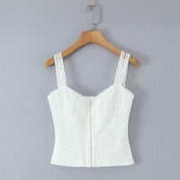 Slim-fitting, patchwork top with 3D floral embroidery and spaghetti straps. - Thumbnail 5