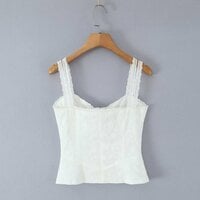 Slim-fitting, patchwork top with 3D floral embroidery and spaghetti straps. - Thumbnail 7