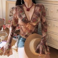 Deep V-neck blouse with bow detail and flared sleeves (a trendy and alluring style) - Thumbnail 3