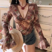 Deep V-neck blouse with bow detail and flared sleeves (a trendy and alluring style) - Thumbnail 4