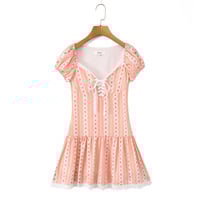 Striped, deep V-neck, puff-sleeved, tie-waist, printed dress - Thumbnail 3