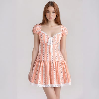 Striped, deep V-neck, puff-sleeved, tie-waist, printed dress