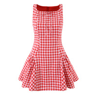 Casual off-the-shoulder, tie-strap, checkered, shirred tank dress. - Thumbnail 2
