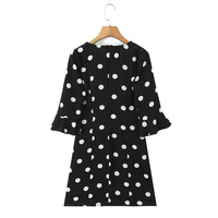 Retro polka dot mid-length V-neck dress with ruffled details and a fitted waist. - Thumbnail 1