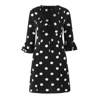 Retro polka dot mid-length V-neck dress with ruffled details and a fitted waist. - Thumbnail 2