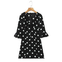 Retro polka dot mid-length V-neck dress with ruffled details and a fitted waist. - Thumbnail 3