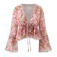 Ruffled bell-sleeved floral chiffon blouse - Thumbnail 1