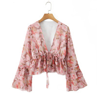 Ruffled bell-sleeved floral chiffon blouse - Thumbnail 2