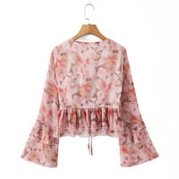 Ruffled bell-sleeved floral chiffon blouse - Thumbnail 3