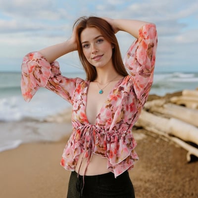 Ruffled bell-sleeved floral chiffon blouse