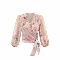 Sexy criss-cross V-neck tie-waist resort-style casual printed shirt - Thumbnail 1