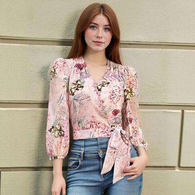 Sexy criss-cross V-neck tie-waist resort-style casual printed shirt