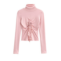 High-neck, plain-faced, 3D floral long-sleeved pullover T-shirt in a sweet style. - Thumbnail 2