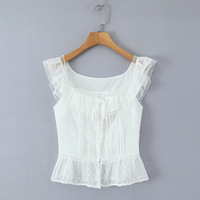 Deep U-neck lace-trimmed spaghetti strap tank top - Thumbnail 3