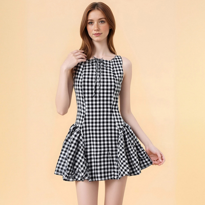 Casual off-the-shoulder, tie-strap, checkered, shirred tank dress.