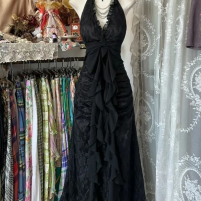 Halter a line black v neck mother of bridal dress long prom dress - Thumbnail 1