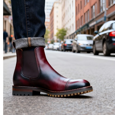Crafted leather mens burgundy patina black shaded leather vibram sole chelsea boot