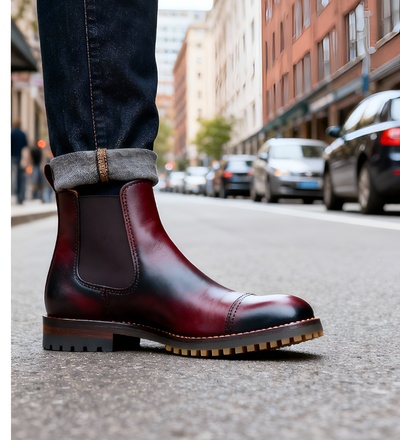 Crafted Leather Mens Burgundy Patina Black Shaded Leather Vibram Sole Chelsea Boot