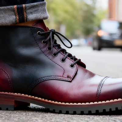 Crafted leather mens burgundy patina black shaded leather ankle high chukka lace up boot