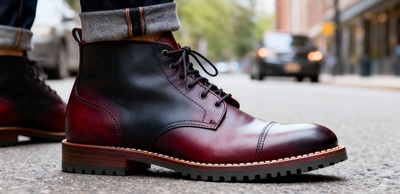 Crafted Leather Mens Burgundy Patina Black Shaded Leather Ankle High Chukka Lace up Boot