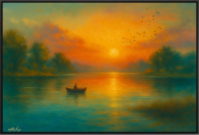 Sunset Solitude - Fisherman in Golden Reflection