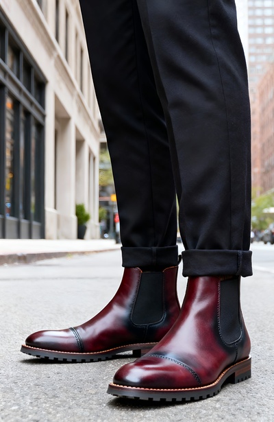 Crafted Leather Mens Burgundy Patina Black Shaded Leather Vibram Sole Chelsea Boot