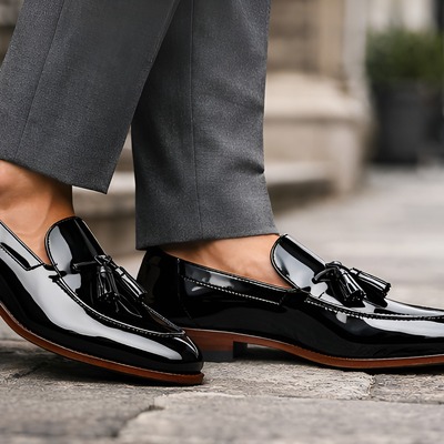 Crafted leather mens black patent leather tassel loafers dress shoes
