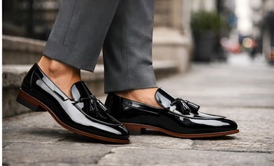 Crafted Leather Mens Black Patent Leather Tassel Loafers Dress Shoes