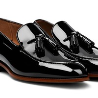Crafted Leather Mens Black Patent Leather Tassel Loafers Dress Shoes - Thumbnail 3