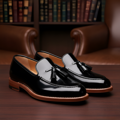 Crafted Leather Mens Black Patent Leather Tassel Loafers Dress Shoes