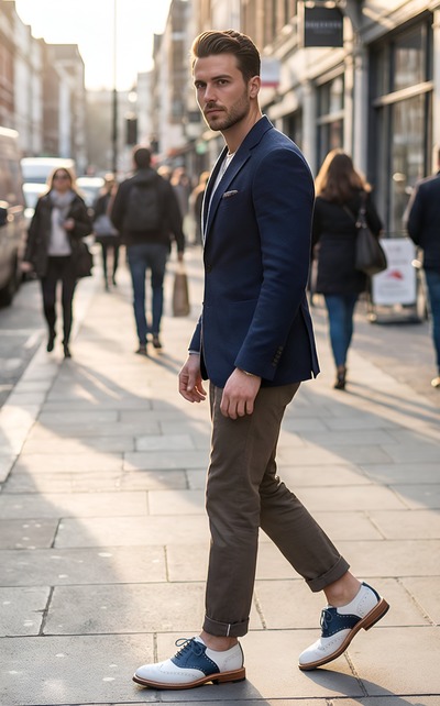 Crafted Leather Mens Blue White Leather Saddle Golf Dress Shoes