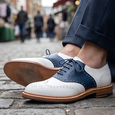 Crafted leather mens blue white leather saddle golf dress shoes