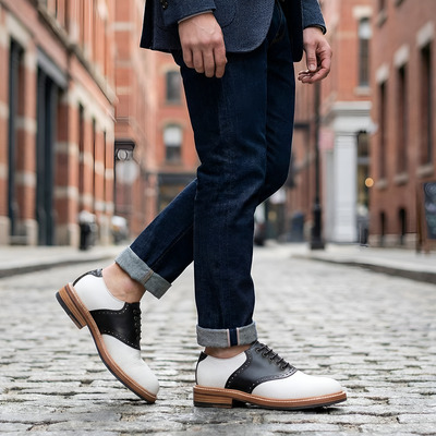 Crafted leather mens black white leather lace up saddle golf dress shoes