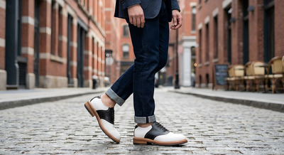 Crafted Leather Mens Black White Leather Lace up Saddle Golf Dress Shoes