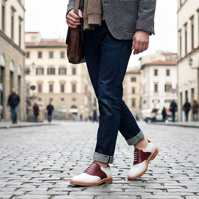 Crafted leather mens burgundy white leather saddle golf dress shoes