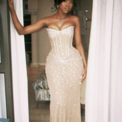 Strapless champagne long prom dresses formal evening dress for party