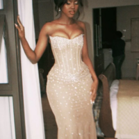 Strapless Champagne Long Prom Dresses Formal Evening Dress For Party - Thumbnail 1