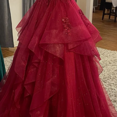 Shinny tulle burgundy a-line long prom dress evening dresses - Thumbnail 1