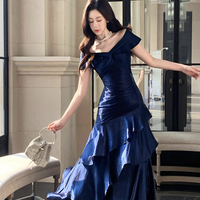 Navy Satin Mermaid Prom Dress Off Shoulder Ruffle Trim Evening Gown  - Thumbnail 1